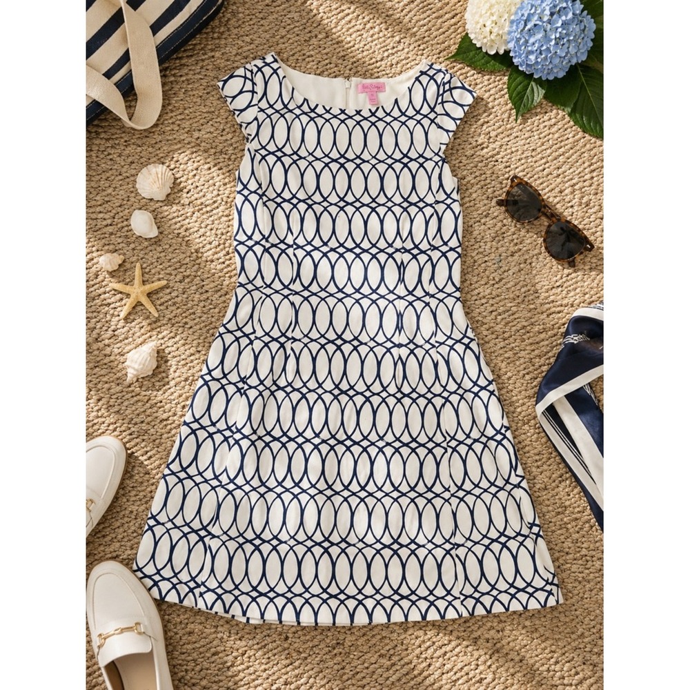 Lilly Pulitzer Briella Dress Fit & Flare Cream Blue Preppy XS